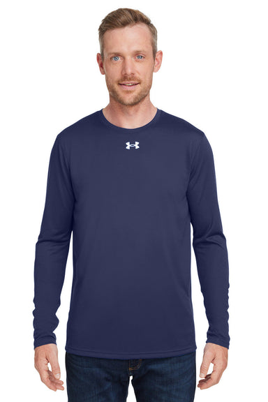 Under Armour 1376843 Mens Team Tech Moisture Wicking Long Sleeve Crewneck T-Shirt Midnight Navy Blue Model Front