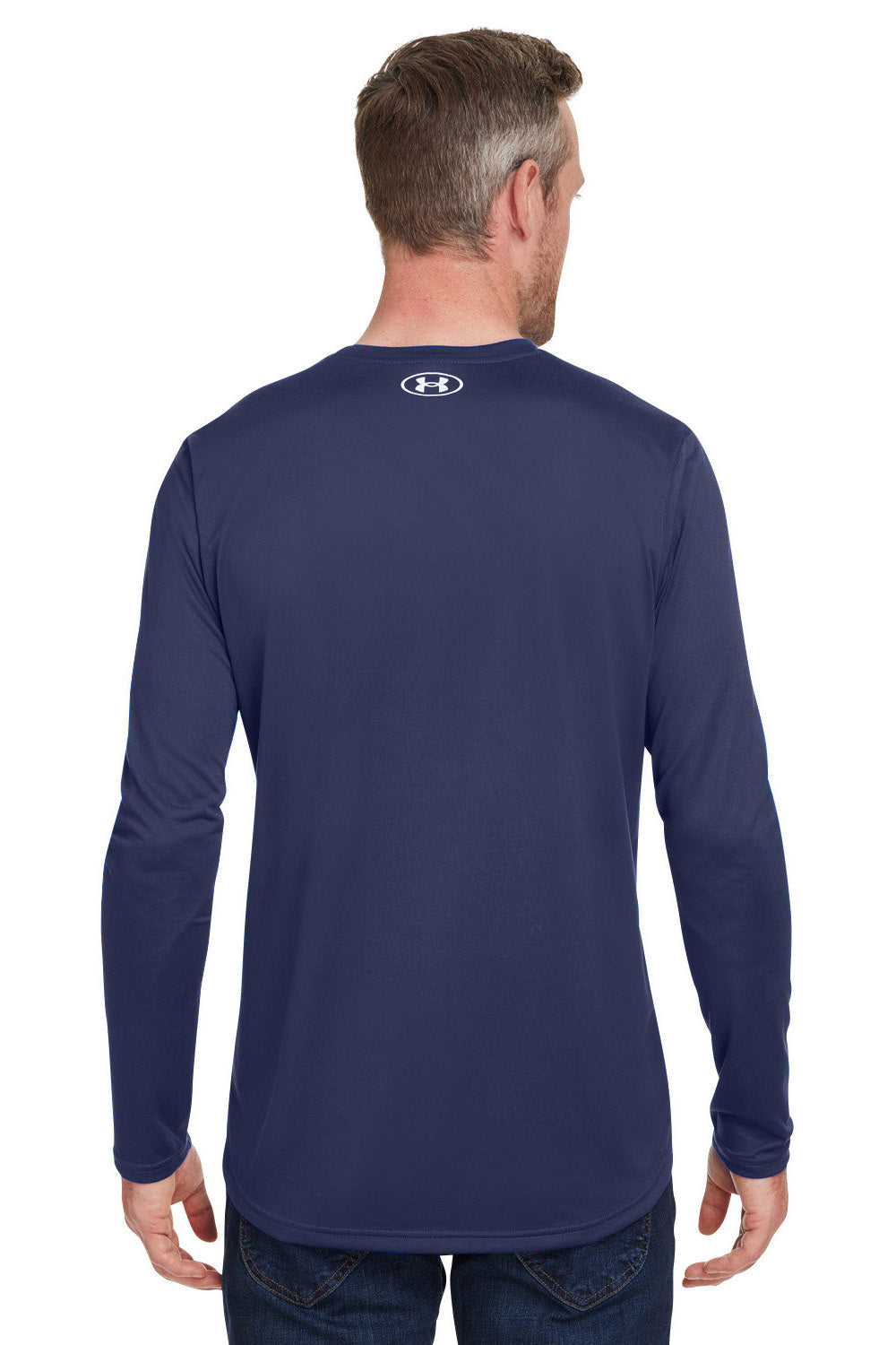 Under Armour 1376843 Mens Team Tech Moisture Wicking Long Sleeve Crewneck T-Shirt Midnight Navy Blue Model Back