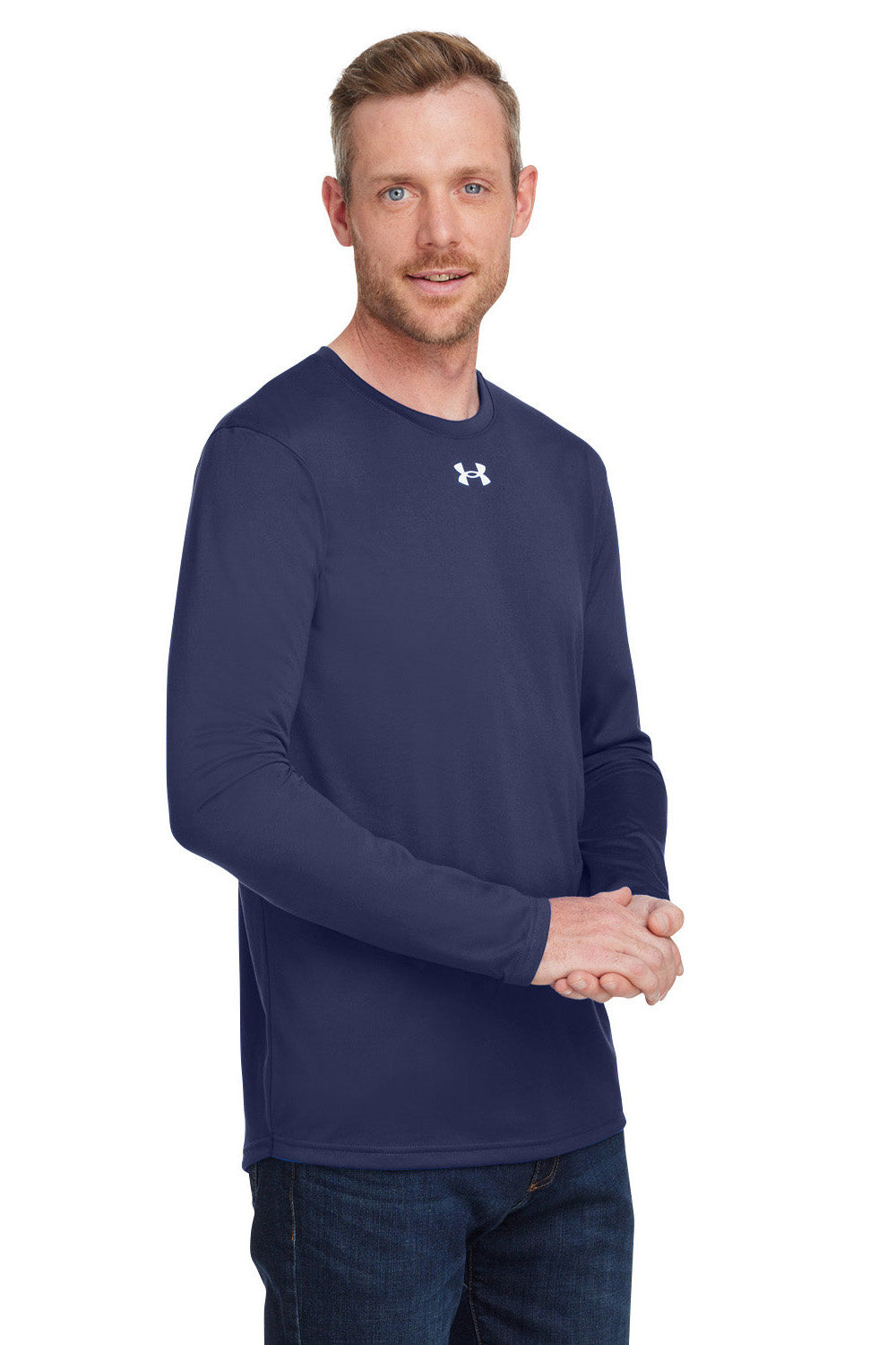 Under Armour 1376843 Mens Team Tech Moisture Wicking Long Sleeve Crewneck T-Shirt Midnight Navy Blue Model 3Q