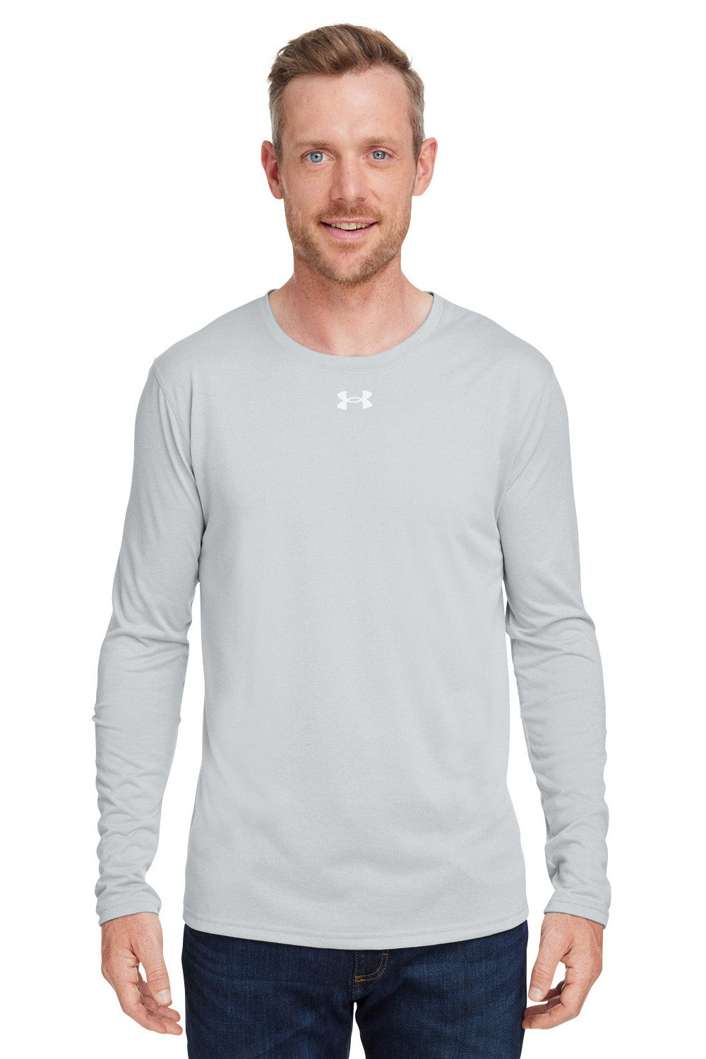 Under Armour 1376843 Mens Team Tech Moisture Wicking Long Sleeve Crewneck T-Shirt Mod Grey Model Front
