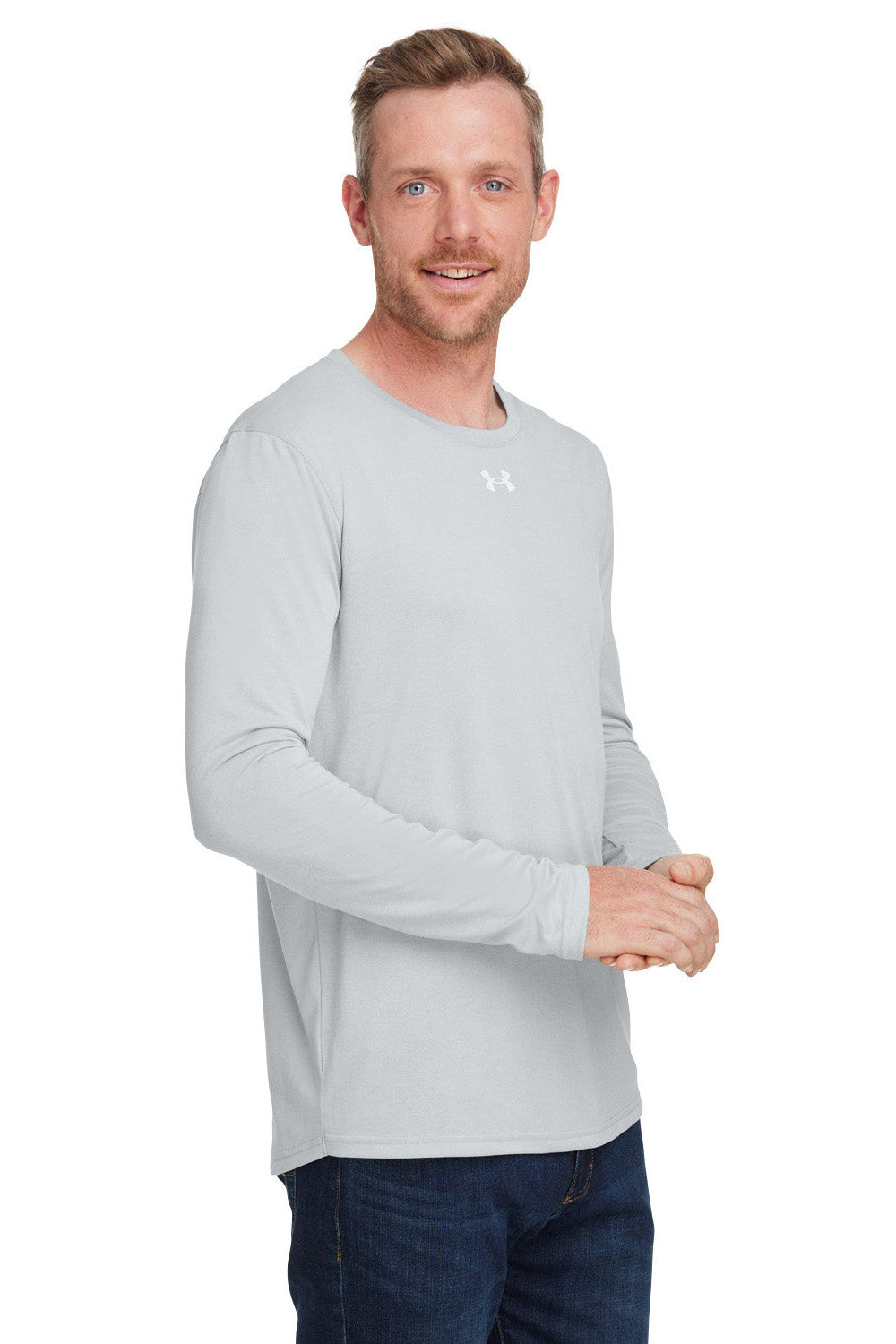 Under Armour 1376843 Mens Team Tech Moisture Wicking Long Sleeve Crewneck T-Shirt Mod Grey Model 3Q