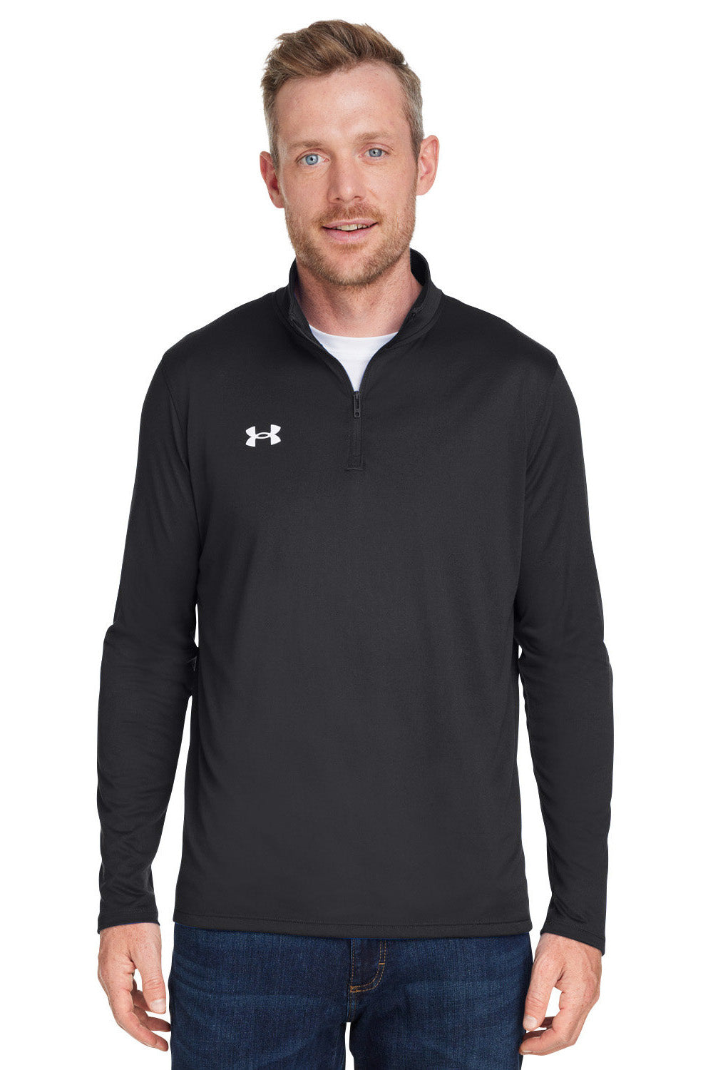 Under Armour 1376844 Mens Team Tech Moisture Wicking 1/4 Zip Sweatshirt Black Model Front