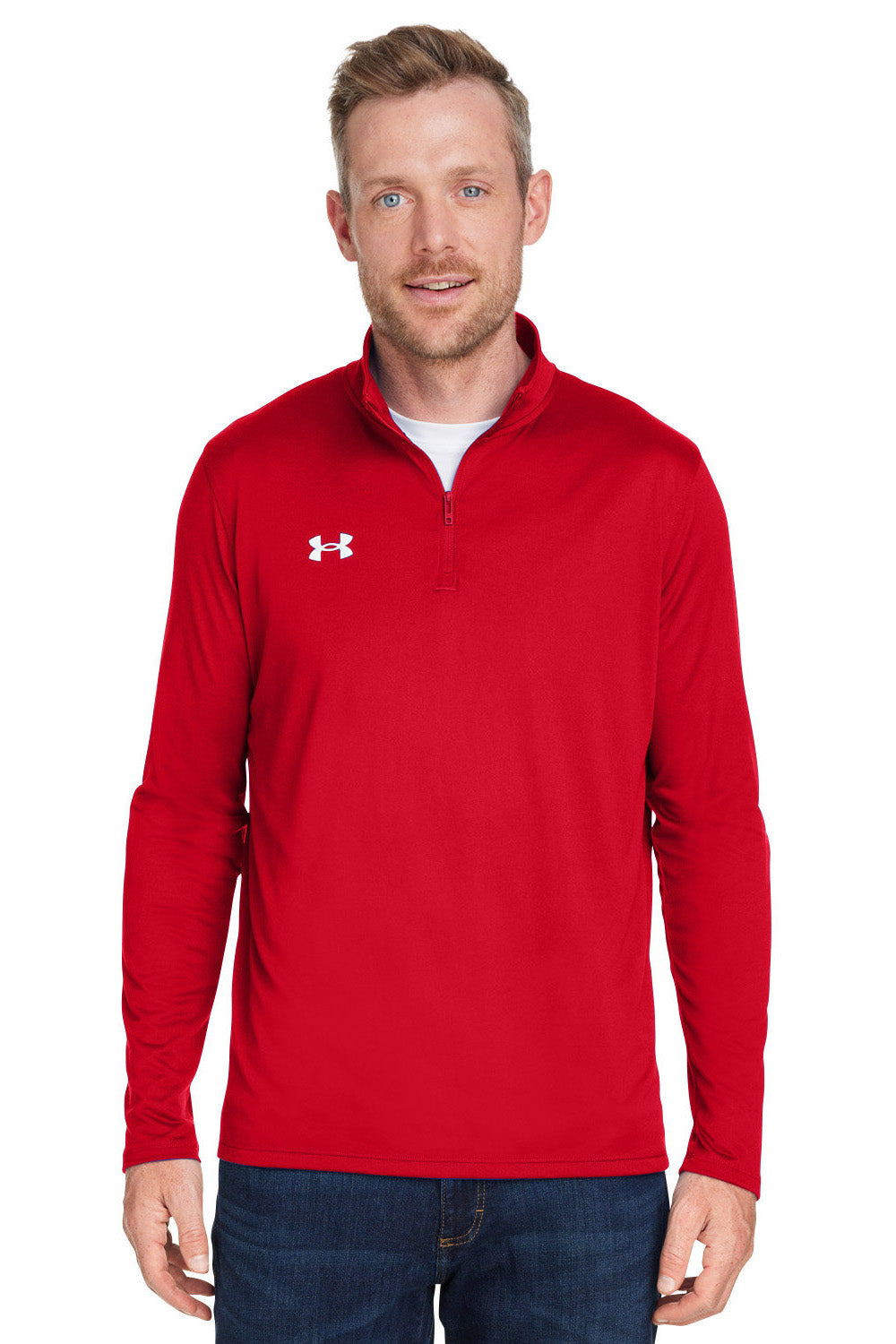 Under Armour 1376844 Mens Team Tech Moisture Wicking 1/4 Zip Sweatshirt Red Model Front