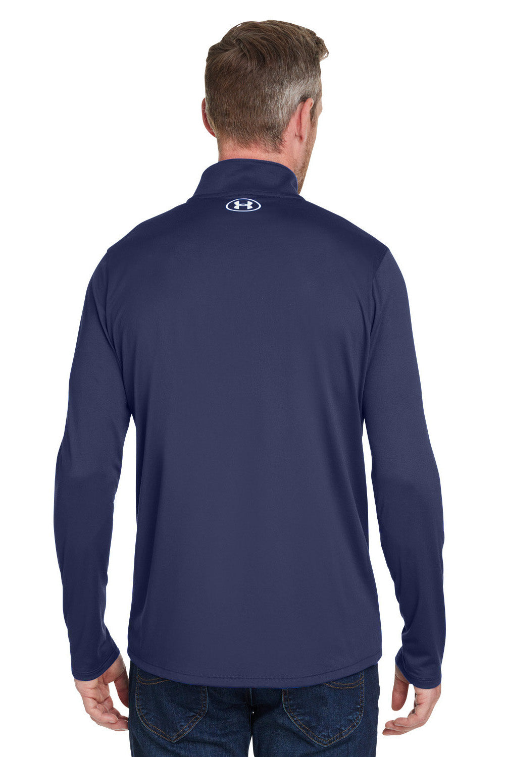 Under Armour 1376844 Mens Team Tech Moisture Wicking 1/4 Zip Sweatshirt Midnight Navy Blue Model Back