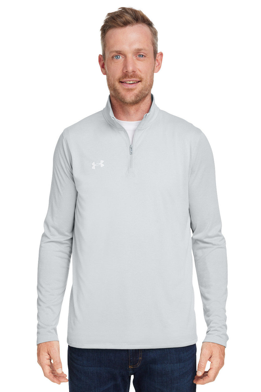 Under Armour 1376844 Mens Team Tech Moisture Wicking 1/4 Zip Sweatshirt Mod Grey Model Front