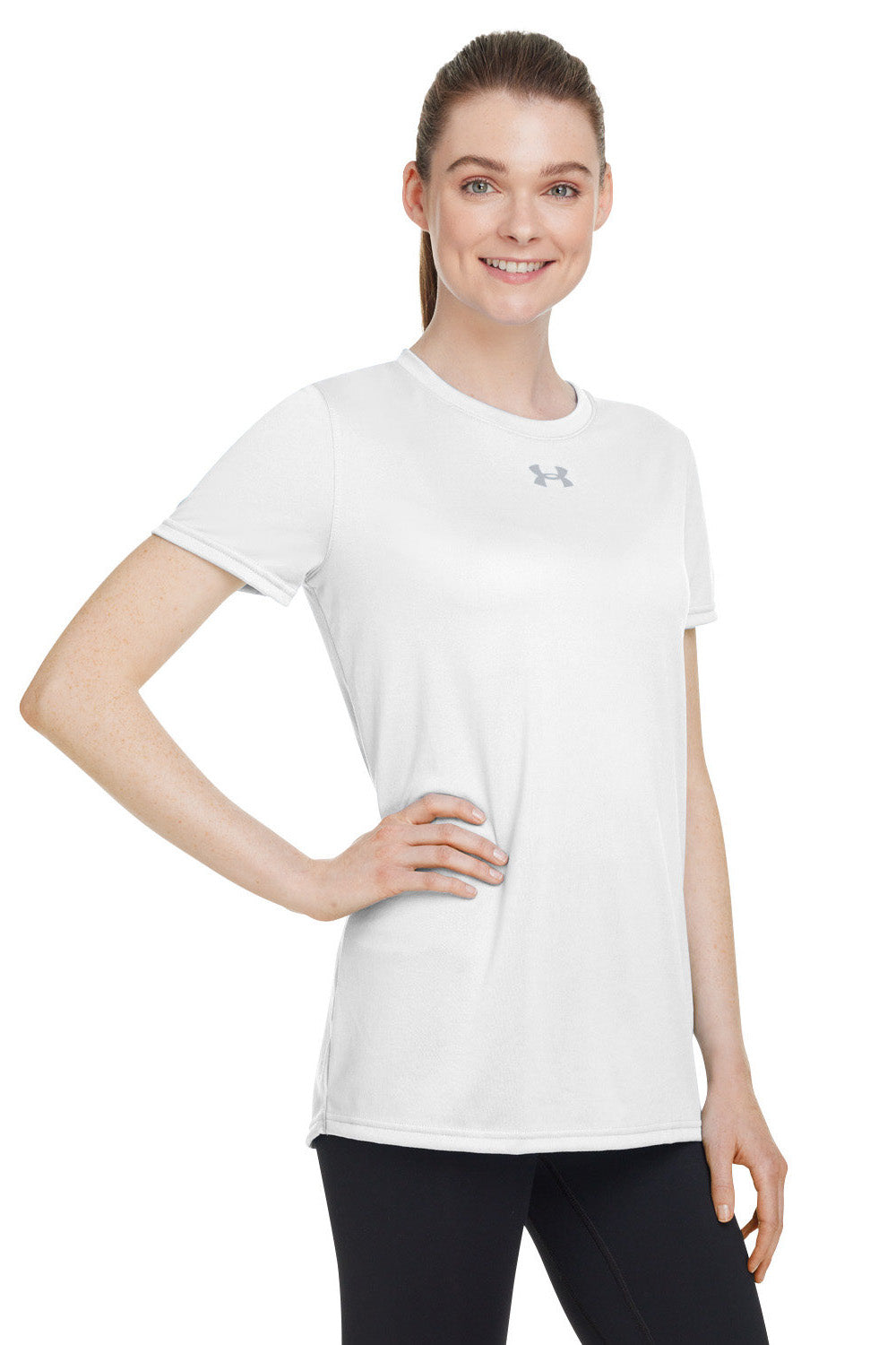 Under Armour 1376847 Womens Team Tech Moisture Wicking Short Sleeve Crewneck T-Shirt White Model 3Q