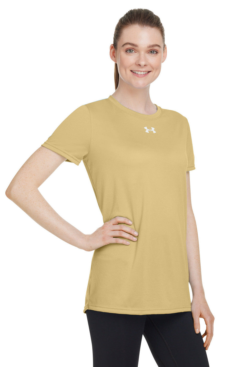 Under Armour 1376847 Womens Team Tech Moisture Wicking Short Sleeve Crewneck T-Shirt Vegas Gold Model 3Q
