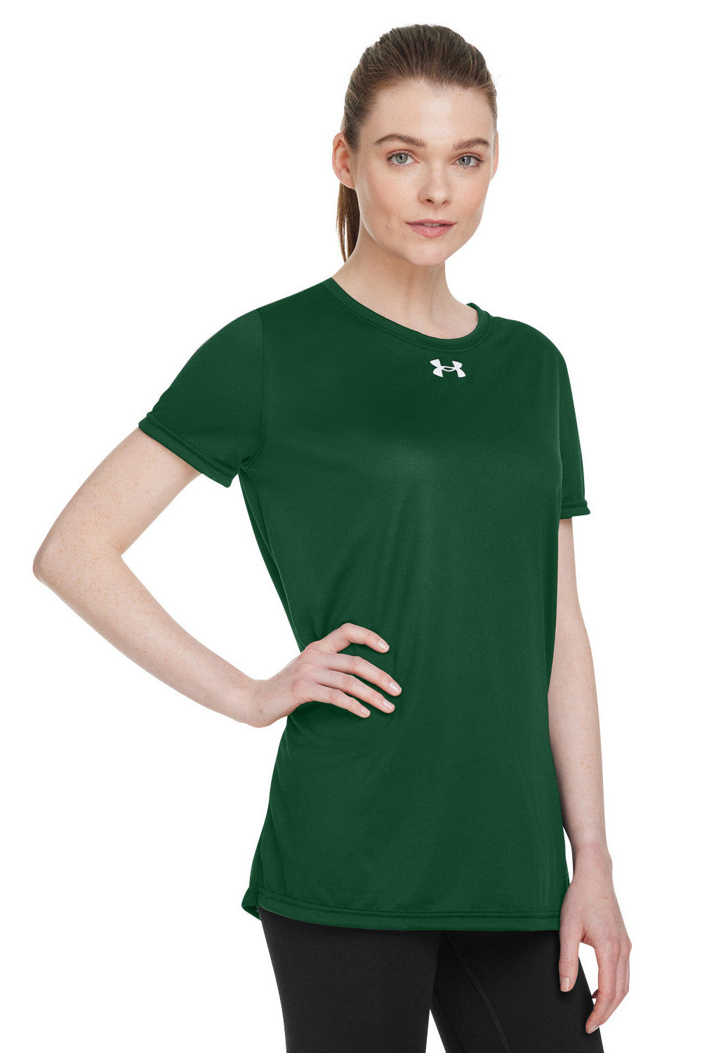 Under Armour 1376847 Womens Team Tech Moisture Wicking Short Sleeve Crewneck T-Shirt Forest Green Model 3Q