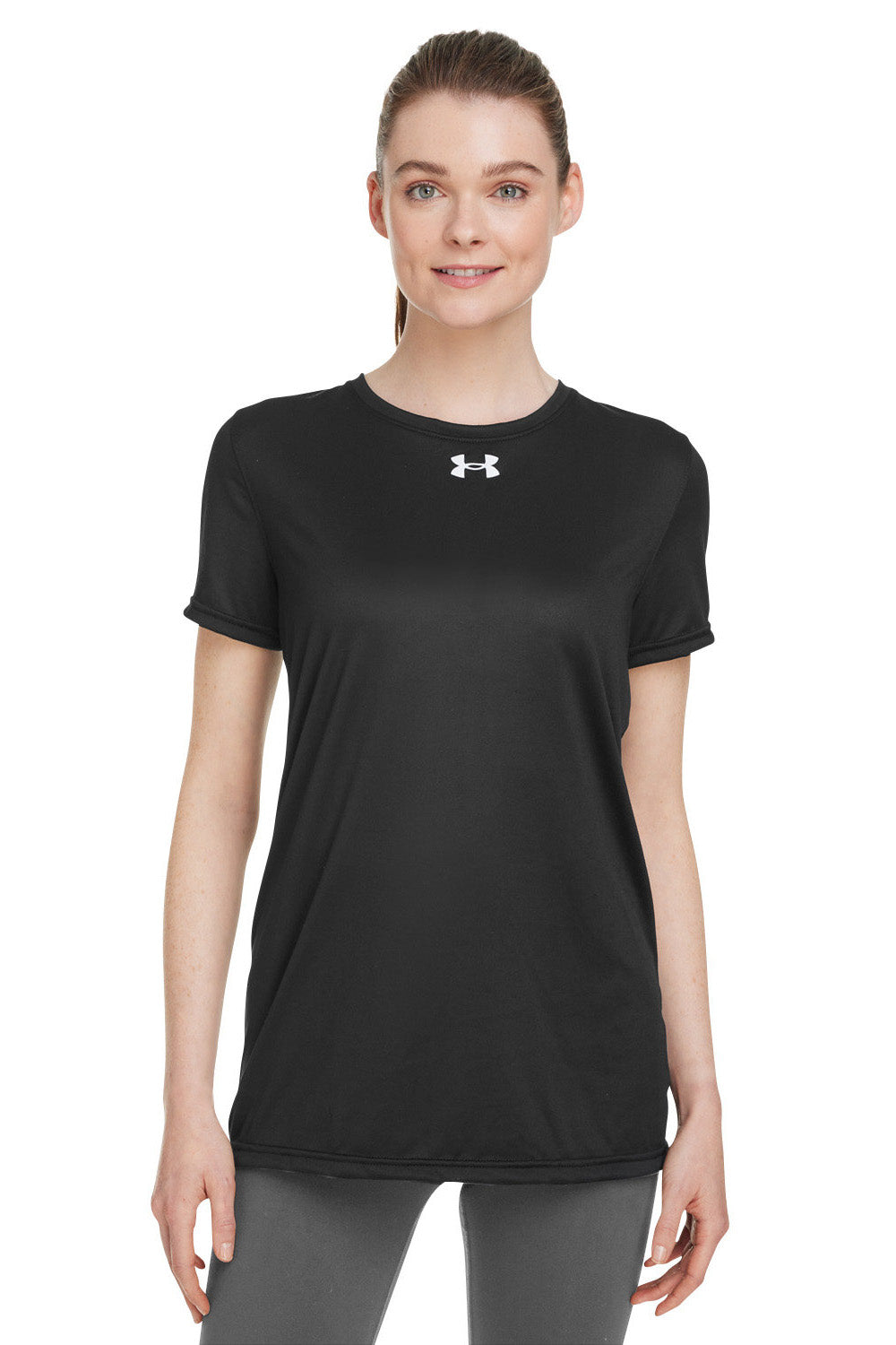 Under Armour 1376847 Womens Team Tech Moisture Wicking Short Sleeve Crewneck T-Shirt Black Model Front