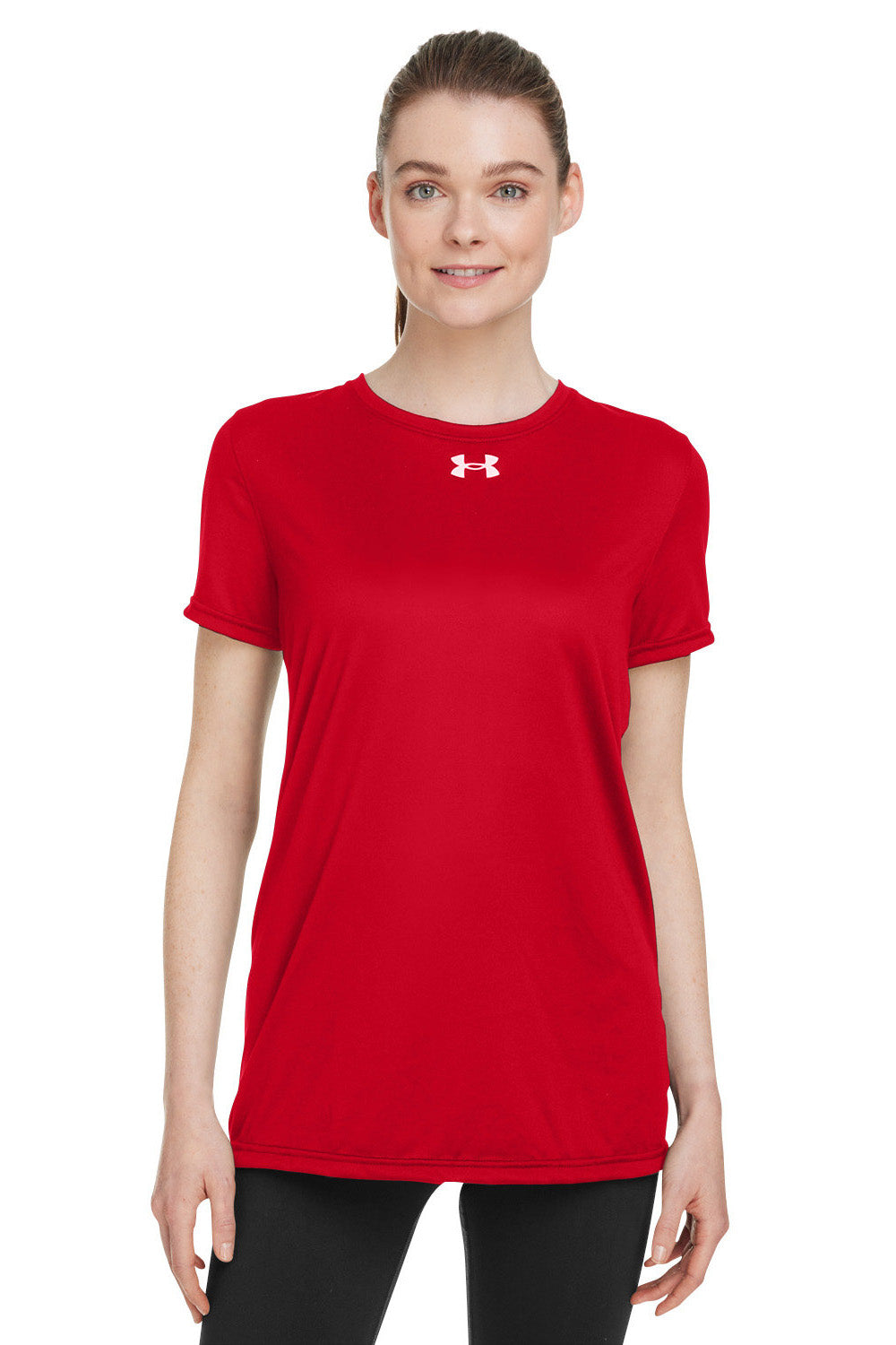 Under Armour 1376847 Womens Team Tech Moisture Wicking Short Sleeve Crewneck T-Shirt Red Model Front
