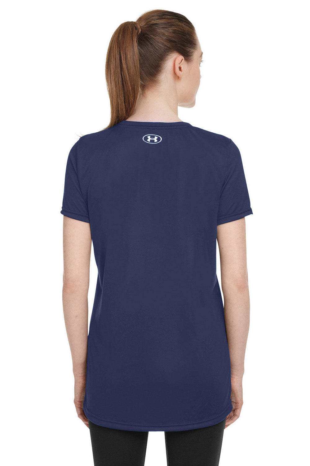 Under Armour 1376847 Womens Team Tech Moisture Wicking Short Sleeve Crewneck T-Shirt Midnight Navy Blue Model Back