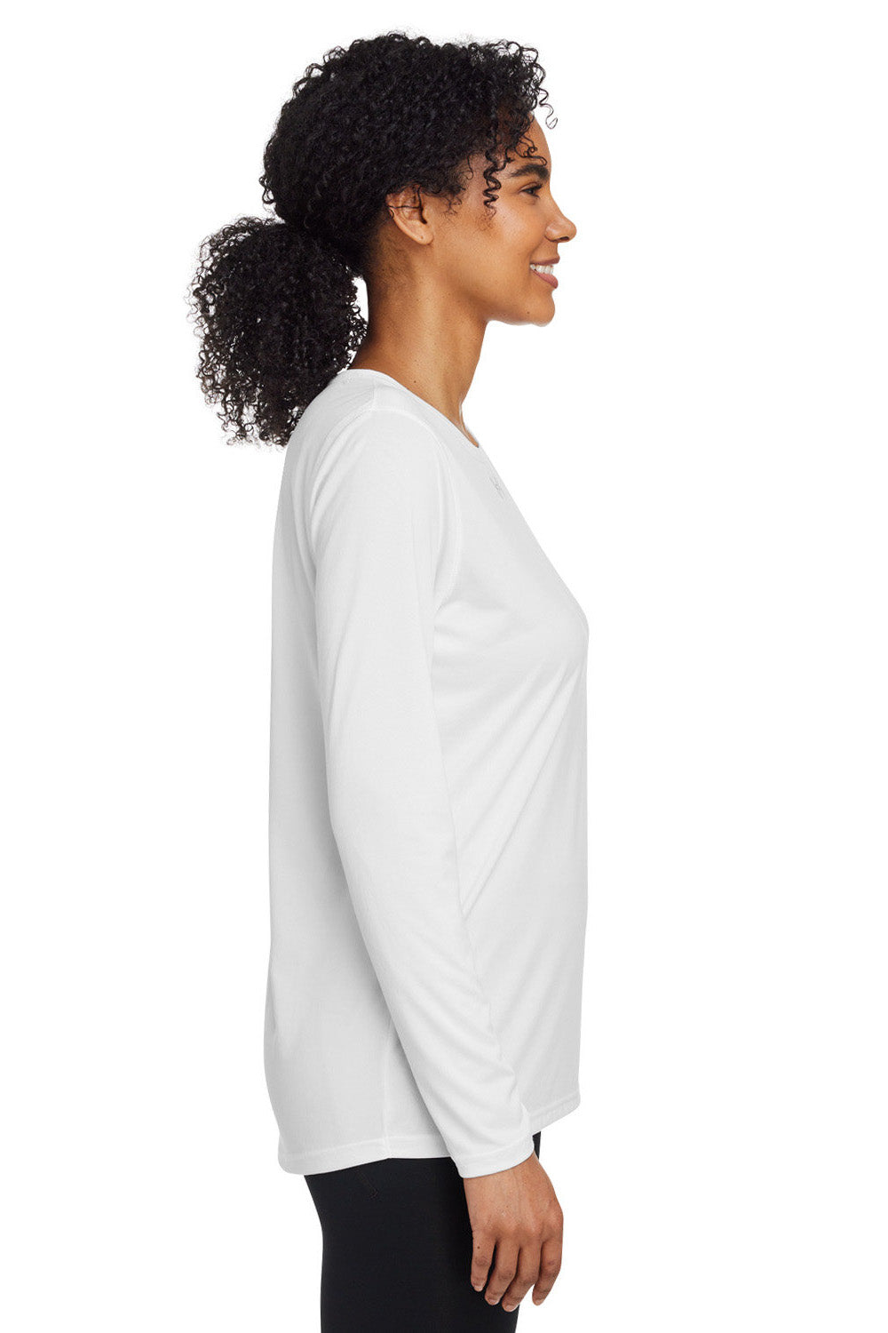 Under Armour 1376852 Womens Team Tech Moisture Wicking Long Sleeve Crewneck T-Shirt White Model Side