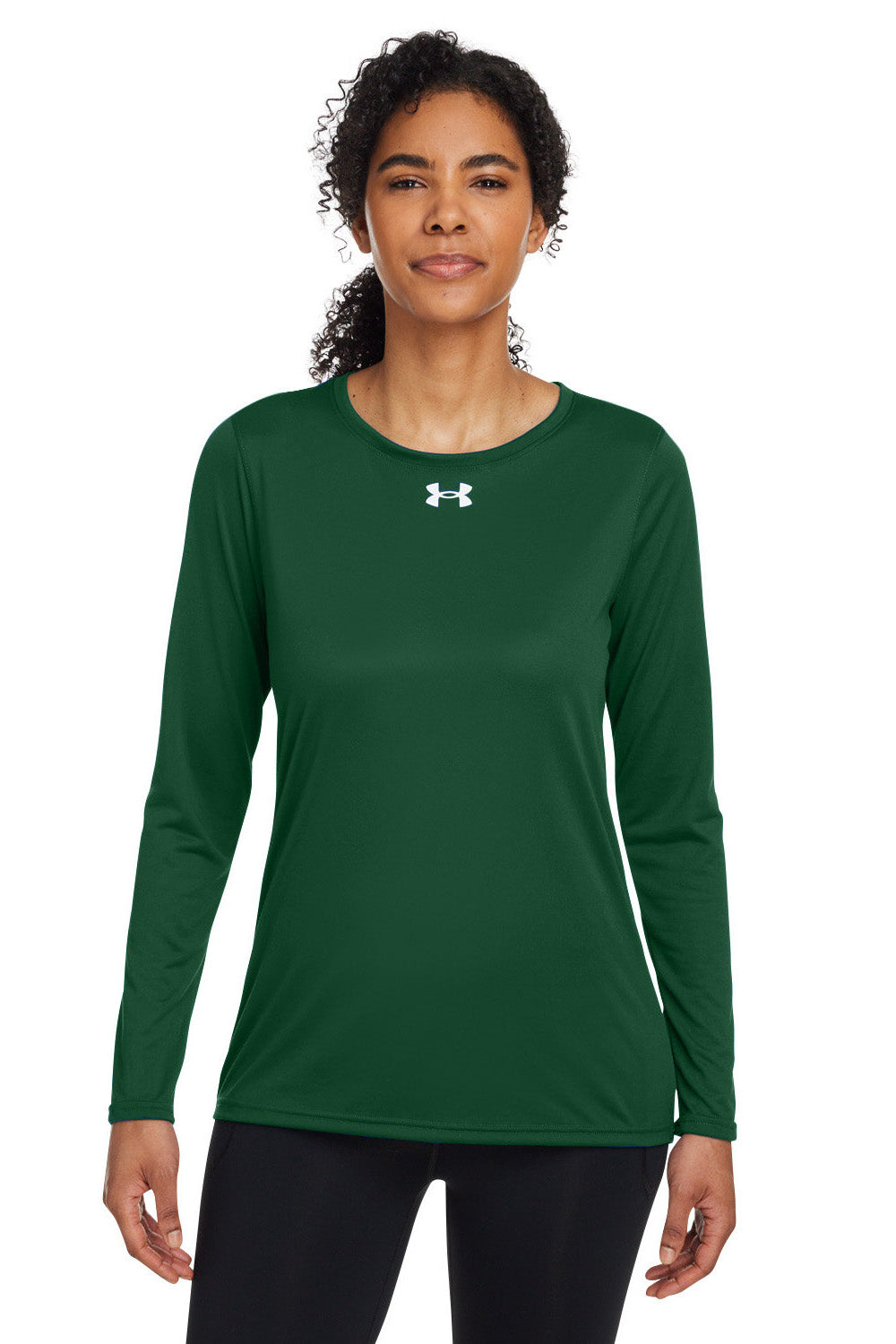Under Armour 1376852 Womens Team Tech Moisture Wicking Long Sleeve Crewneck T-Shirt Forest Green Model Front