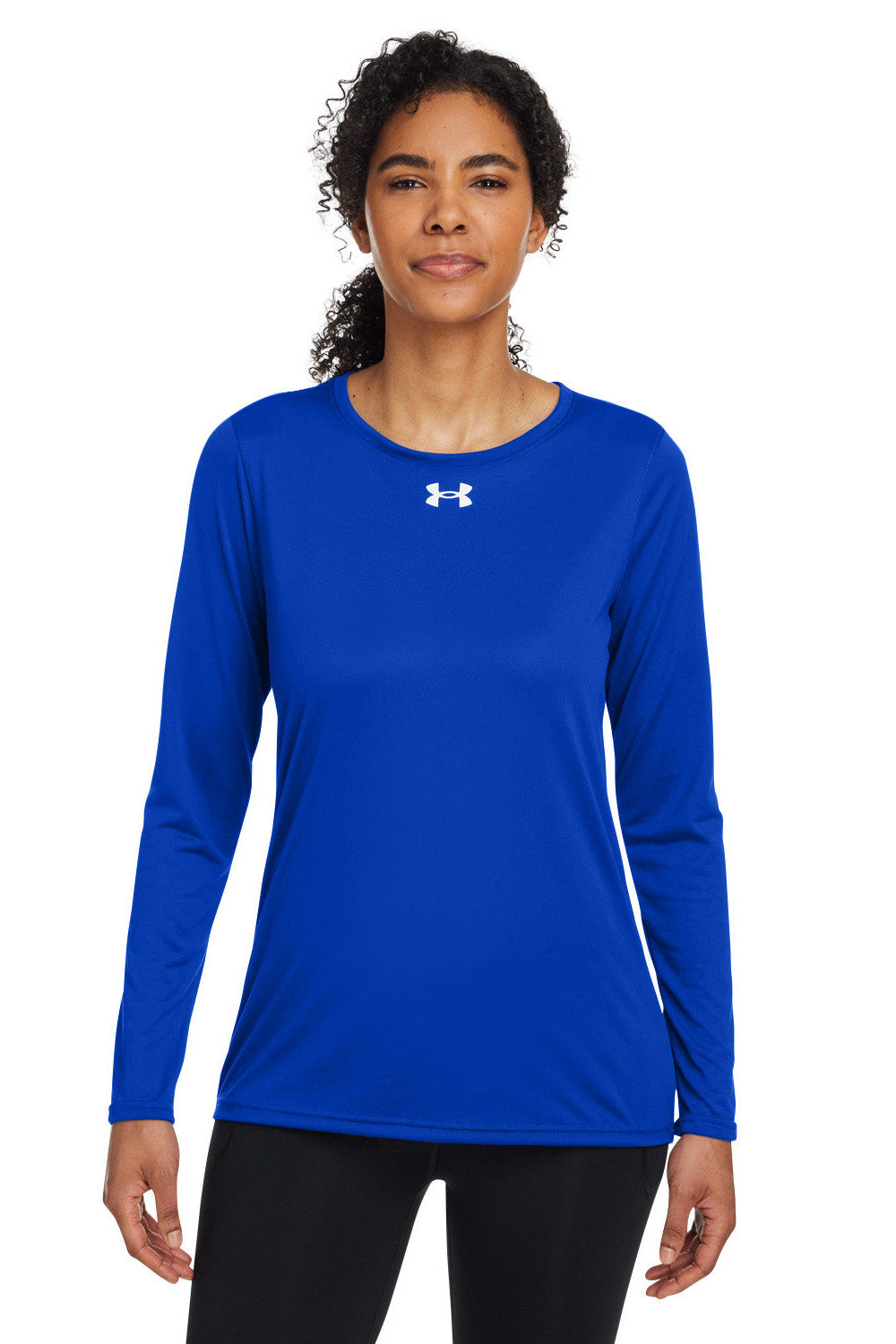 Under Armour 1376852 Womens Team Tech Moisture Wicking Long Sleeve Crewneck T-Shirt Royal Blue Model Front