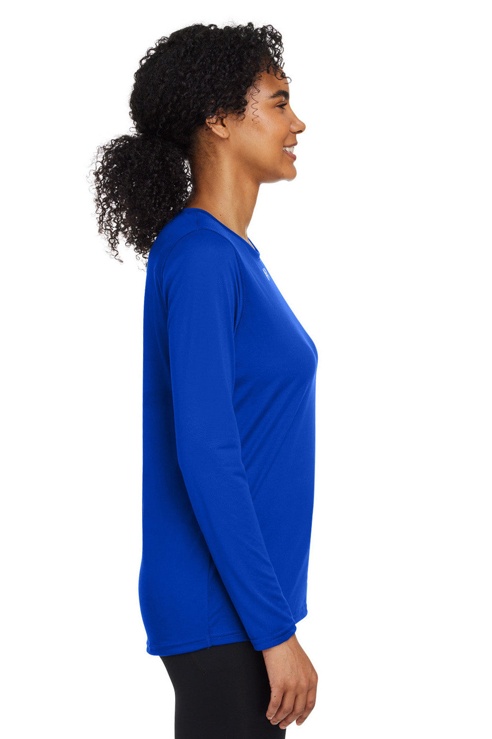 Under Armour 1376852 Womens Team Tech Moisture Wicking Long Sleeve Crewneck T-Shirt Royal Blue Model Side