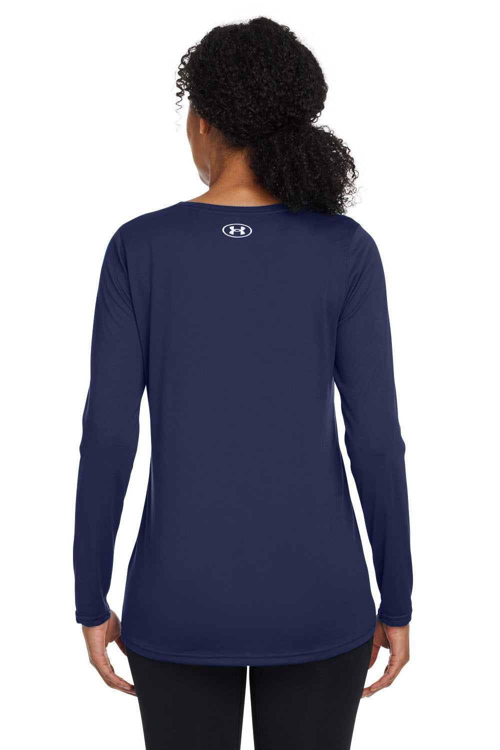 Under Armour 1376852 Womens Team Tech Moisture Wicking Long Sleeve Crewneck T-Shirt Midnight Navy Blue Model Back