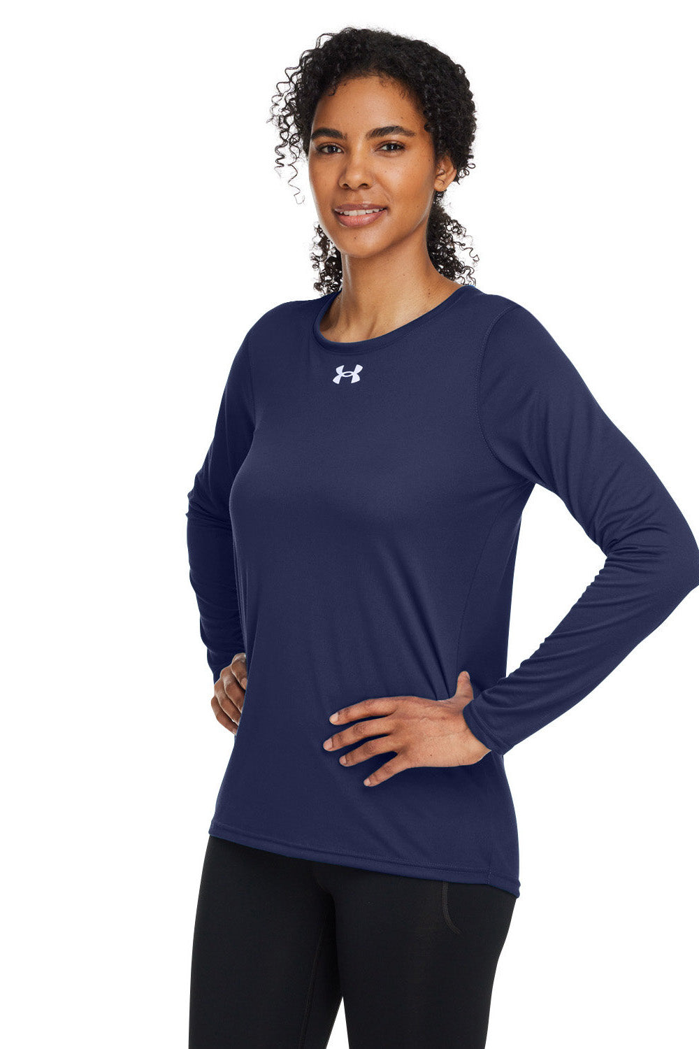 Under Armour 1376852 Womens Team Tech Moisture Wicking Long Sleeve Crewneck T-Shirt Midnight Navy Blue Model 3Q