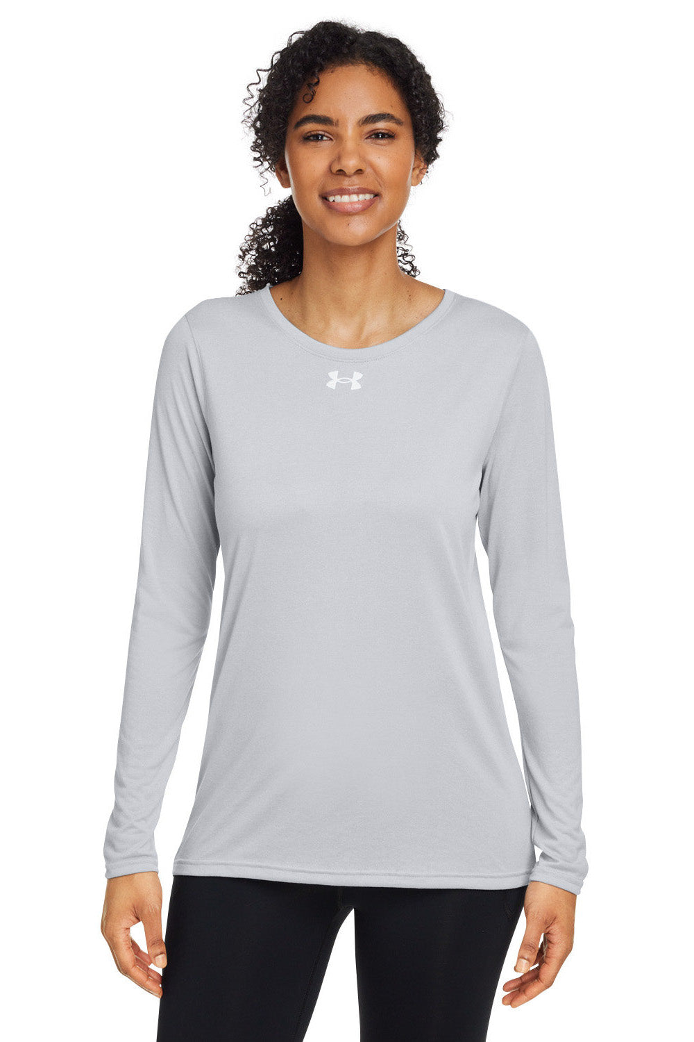 Under Armour 1376852 Womens Team Tech Moisture Wicking Long Sleeve Crewneck T-Shirt Mod Grey Model Front