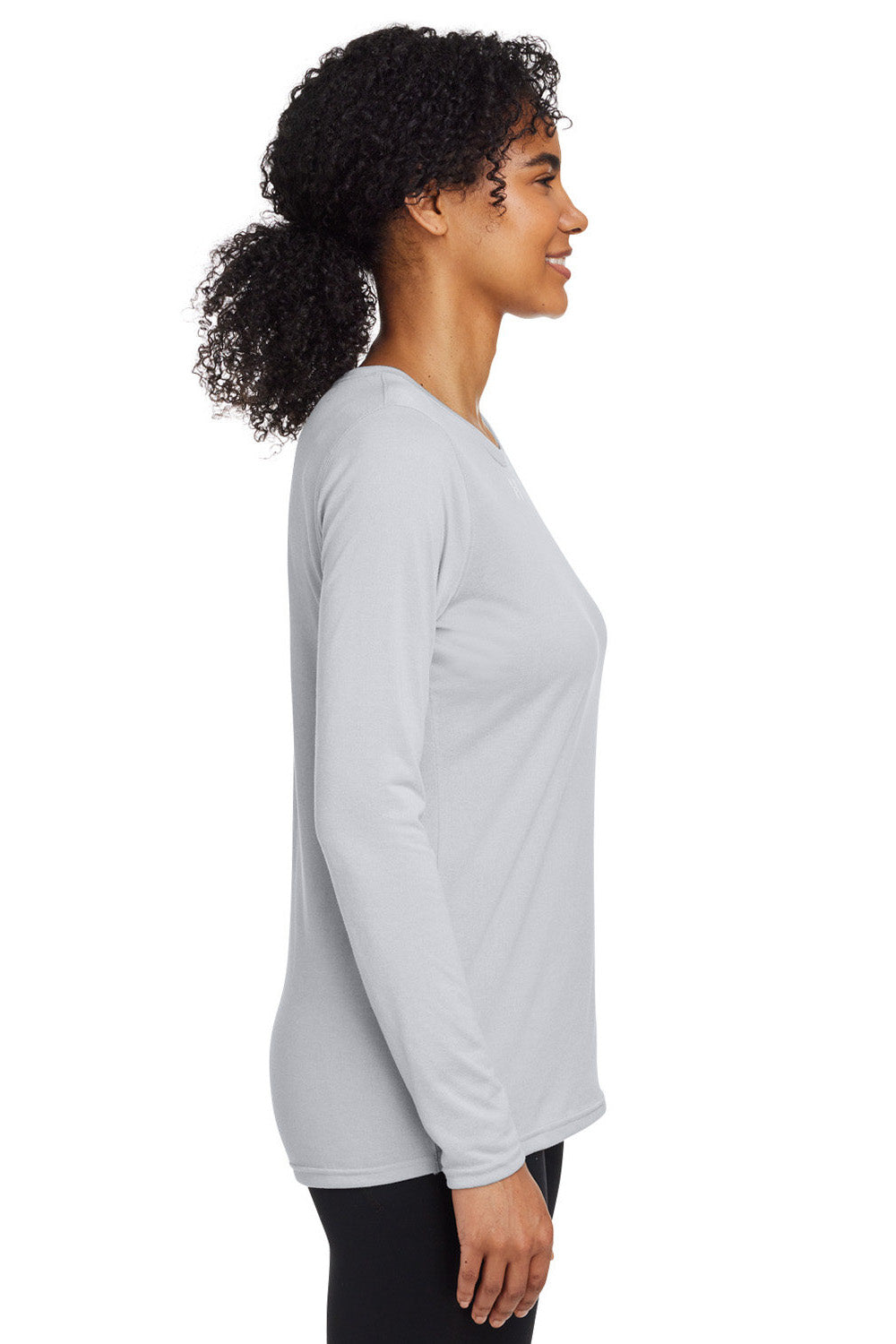 Under Armour 1376852 Womens Team Tech Moisture Wicking Long Sleeve Crewneck T-Shirt Mod Grey Model Side