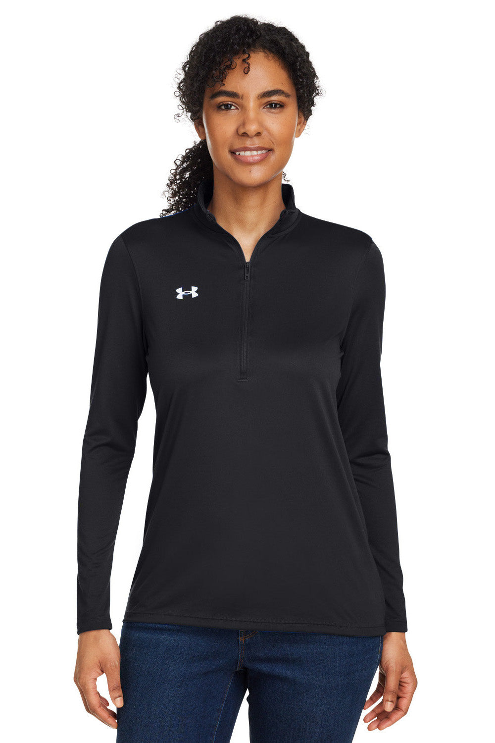 Under Armour 1376862 Womens Team Tech Moisture Wicking 1/4 Zip Sweatshirt Black Model Front