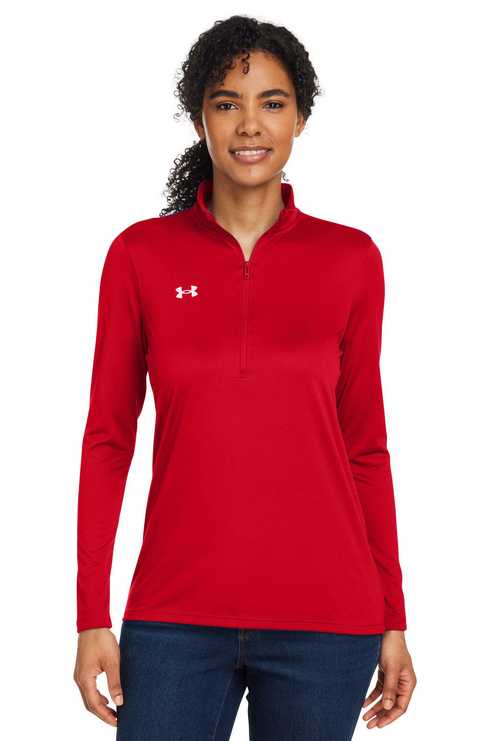 Under Armour 1376862 Womens Team Tech Moisture Wicking 1/4 Zip Sweatshirt Red Model Front