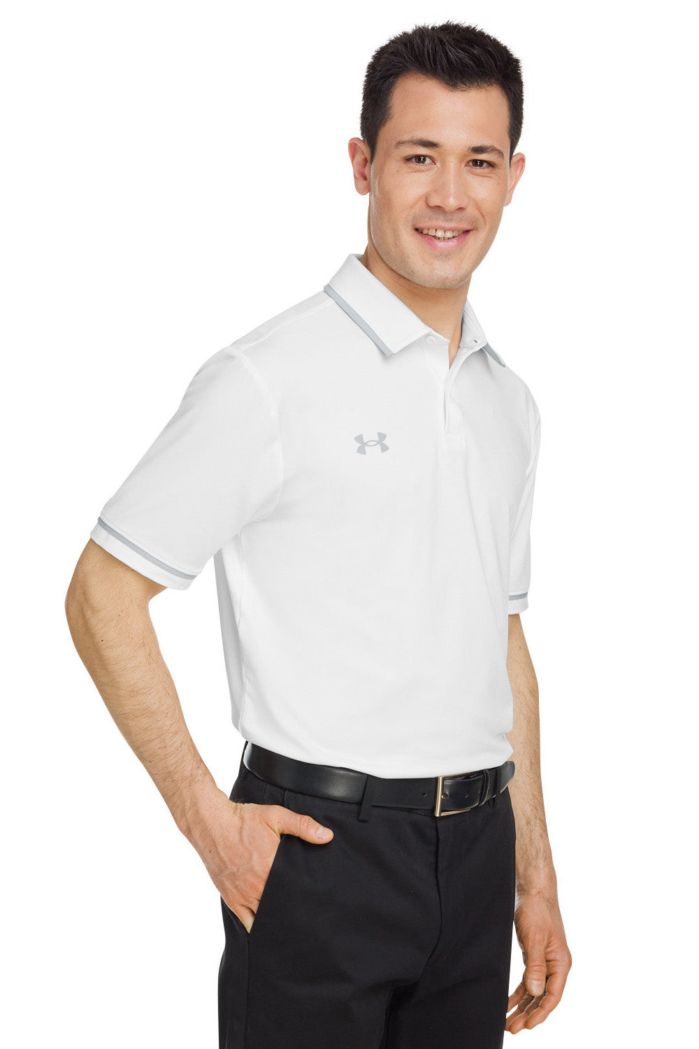 Under Armour 1376904 Mens Teams Performance Moisture Wicking Short Sleeve Polo Shirt White Model 3Q