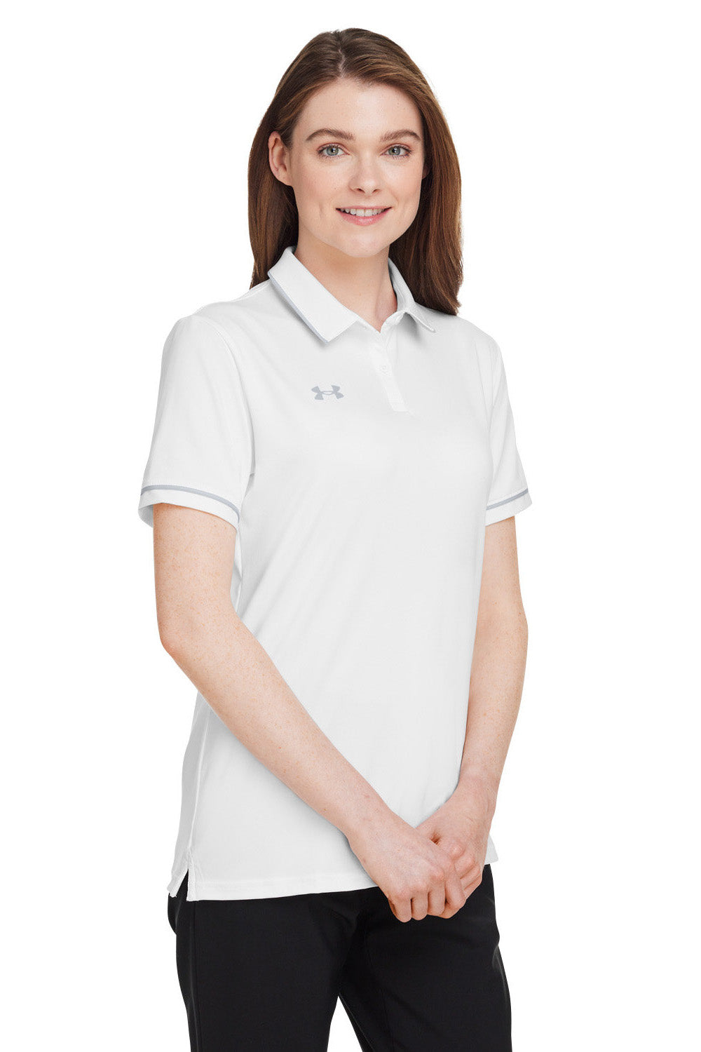 Under Armour 1376905 Womens Teams Performance Moisture Wicking Short Sleeve Polo Shirt White Model 3Q