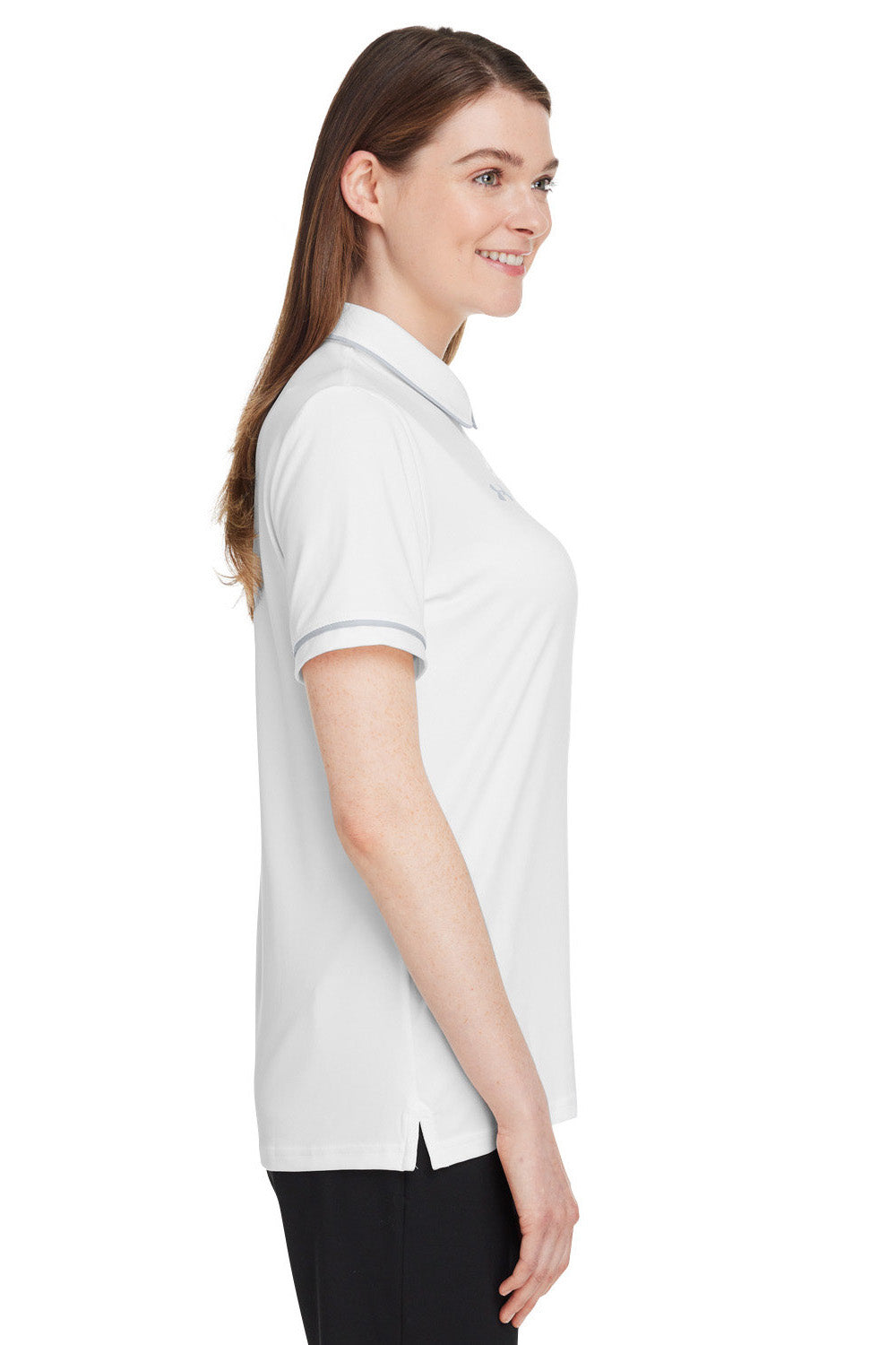 Under Armour 1376905 Womens Teams Performance Moisture Wicking Short Sleeve Polo Shirt White Model Side