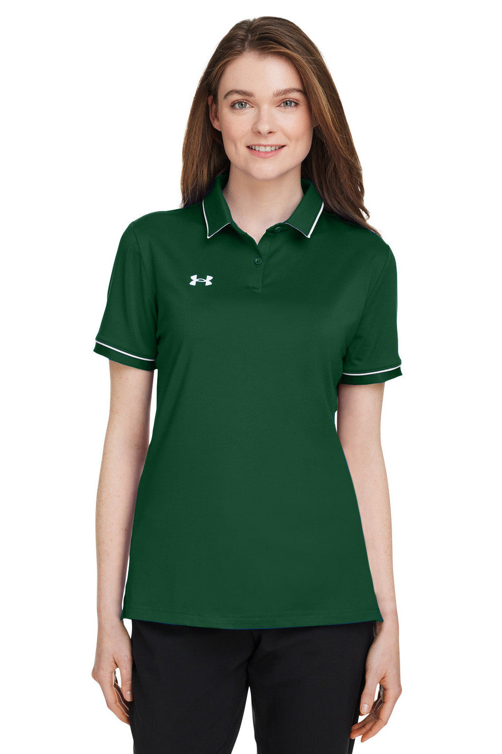 Under Armour 1376905 Womens Teams Performance Moisture Wicking Short Sleeve Polo Shirt Forest Green Model Front