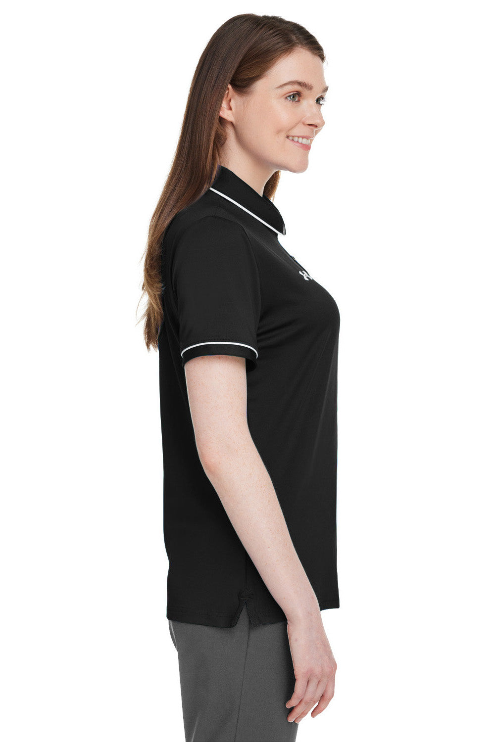 Under Armour 1376905 Womens Teams Performance Moisture Wicking Short Sleeve Polo Shirt Black Model Side