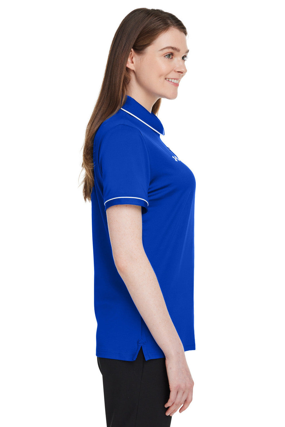 Under Armour 1376905 Womens Teams Performance Moisture Wicking Short Sleeve Polo Shirt Royal Blue Model Side