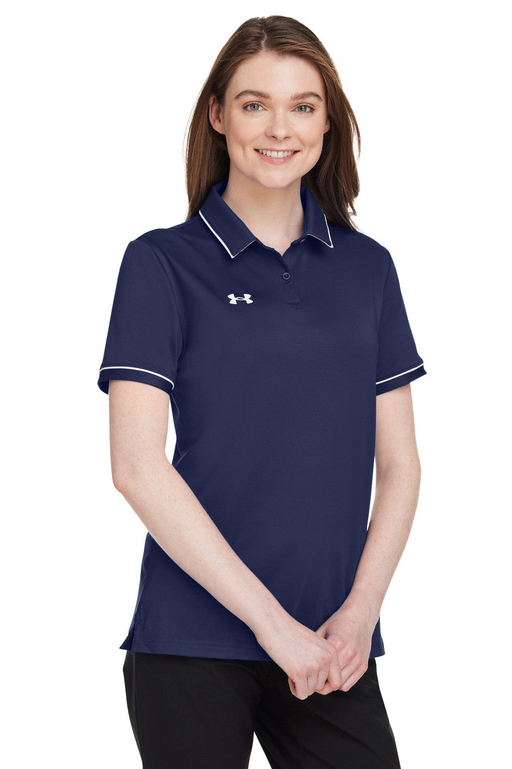 Under Armour 1376905 Womens Teams Performance Moisture Wicking Short Sleeve Polo Shirt Midnight Navy Blue Model 3Q
