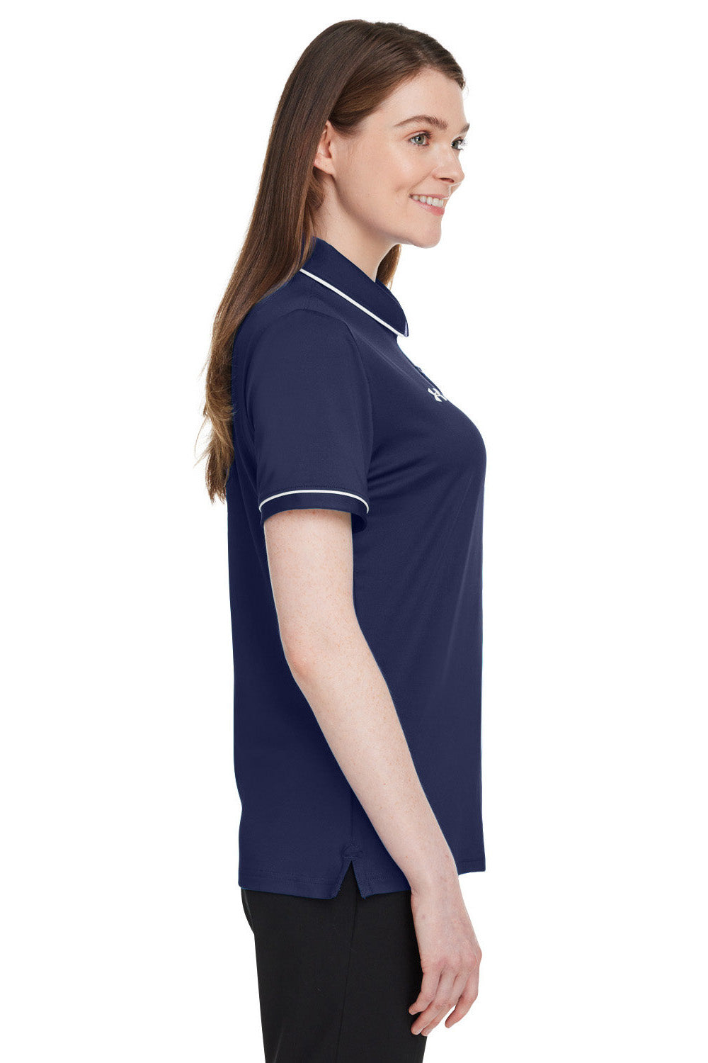 Under Armour 1376905 Womens Teams Performance Moisture Wicking Short Sleeve Polo Shirt Midnight Navy Blue Model Side