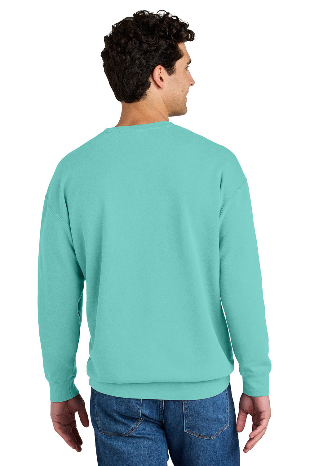 Comfort Colors 1466 Mens Garment Dyed Fleece Crewneck Sweatshirt Chalky Mint Green Model Back