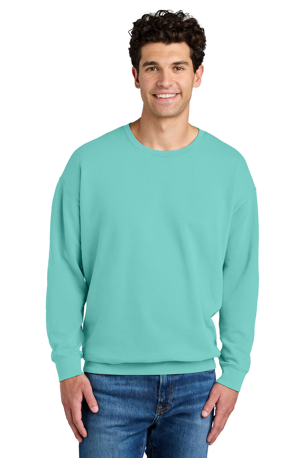 Comfort Colors 1466 Mens Garment Dyed Fleece Crewneck Sweatshirt Chalky Mint Green Model Front