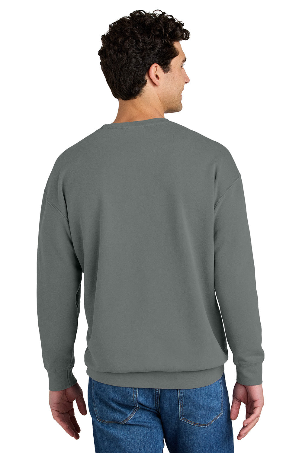 Comfort Colors 1466 Mens Garment Dyed Fleece Crewneck Sweatshirt Grey Model Back