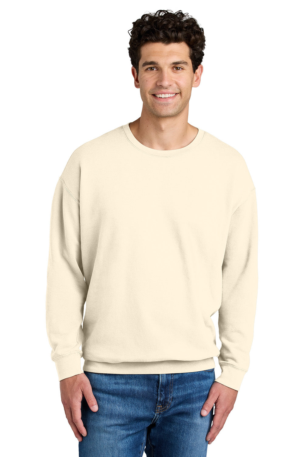 Comfort Colors 1466 Mens Garment Dyed Fleece Crewneck Sweatshirt Ivory Model Front