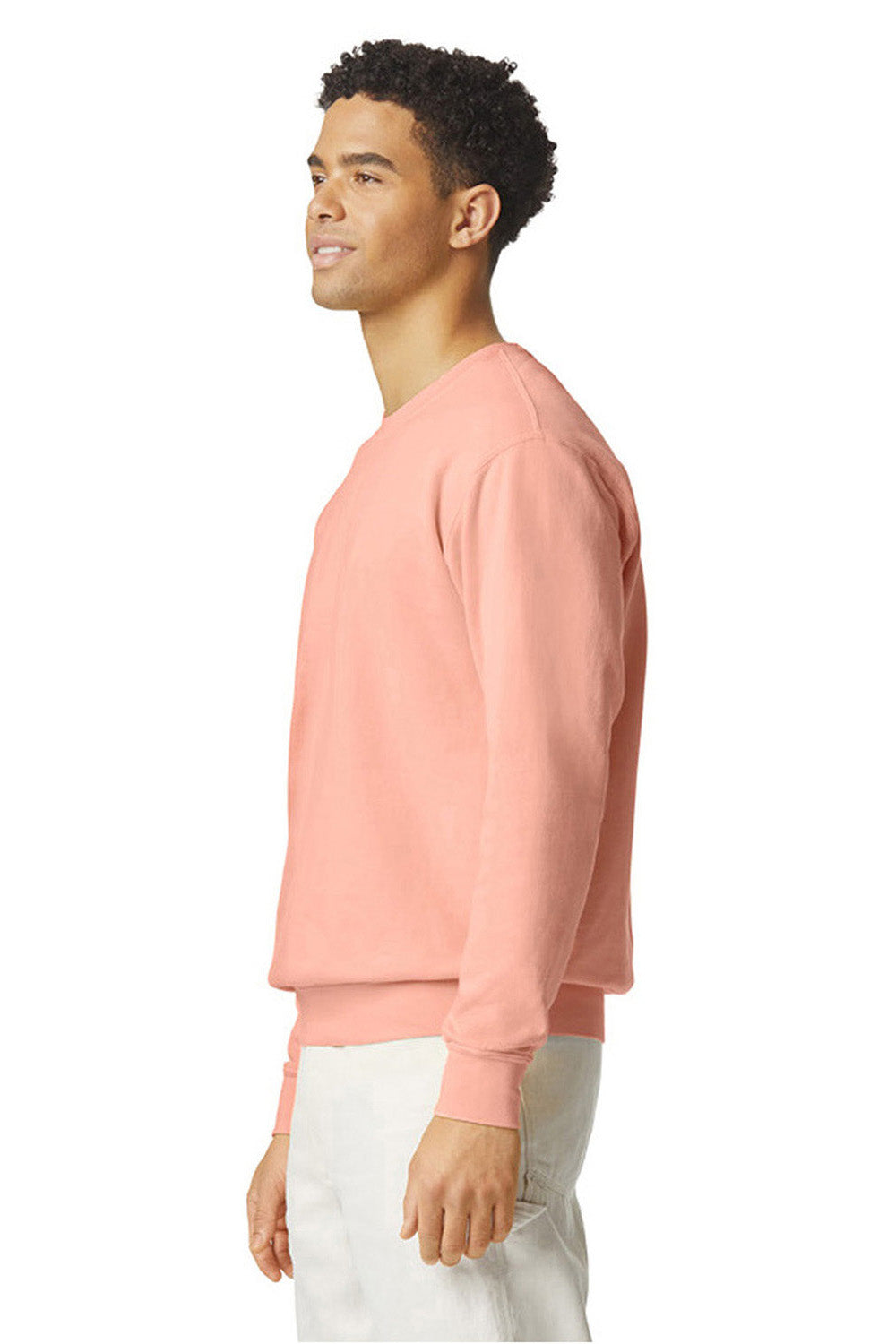 Comfort Colors 1466 Mens Garment Dyed Fleece Crewneck Sweatshirt Peachy Model Side