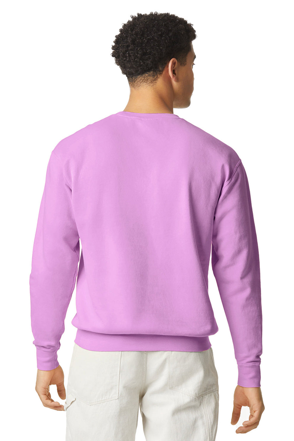 Comfort Colors 1466 Mens Garment Dyed Fleece Crewneck Sweatshirt Neon Violet Purple Model Back