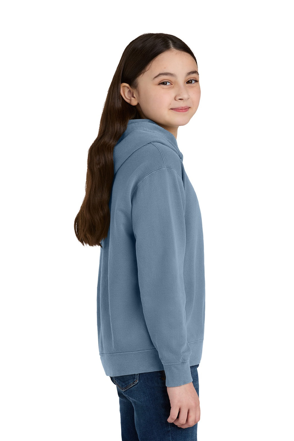 Comfort Colors 1467Y Youth Hooded Sweatshirt Hoodie Blue Jean Model Side