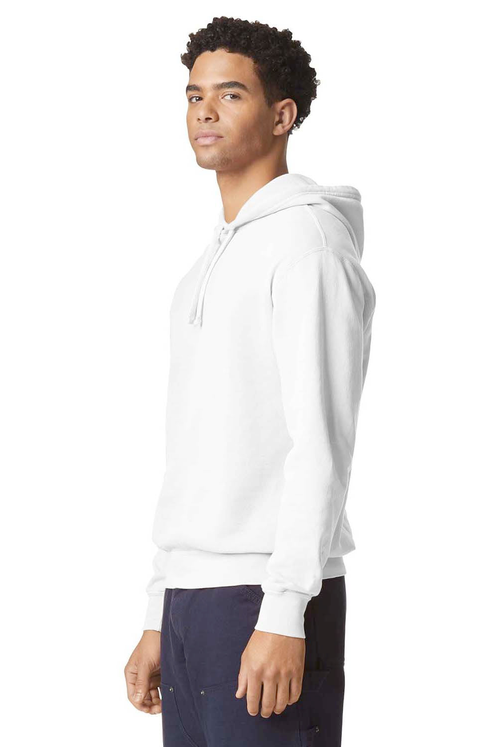 Comfort Colors 1467 Mens Garment Dyed Fleece Hooded Sweatshirt Hoodie White Model Side