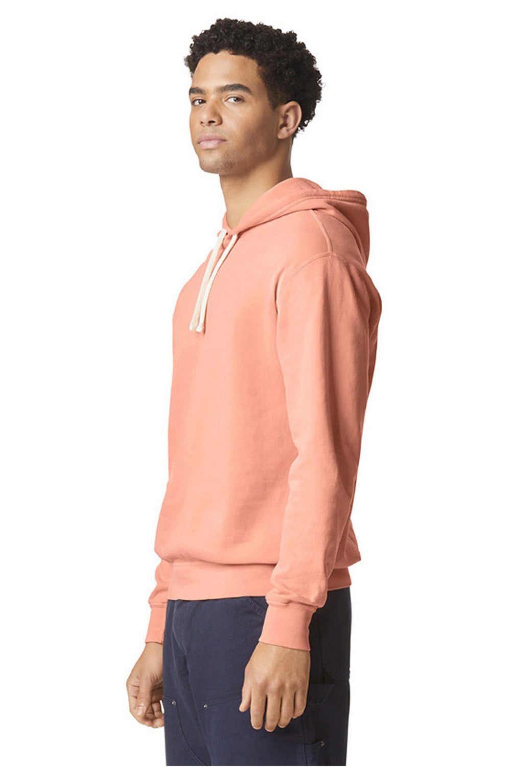 Comfort Colors 1467 Mens Garment Dyed Fleece Hooded Sweatshirt Hoodie Peachy Model Side