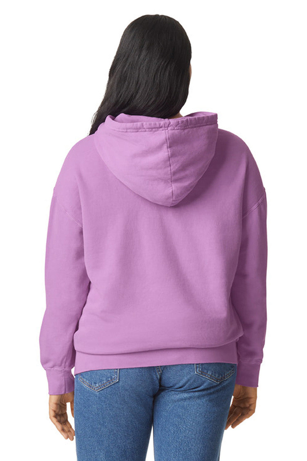 Comfort Colors 1467 Mens Garment Dyed Fleece Hooded Sweatshirt Hoodie Neon Violet Purple Model Back