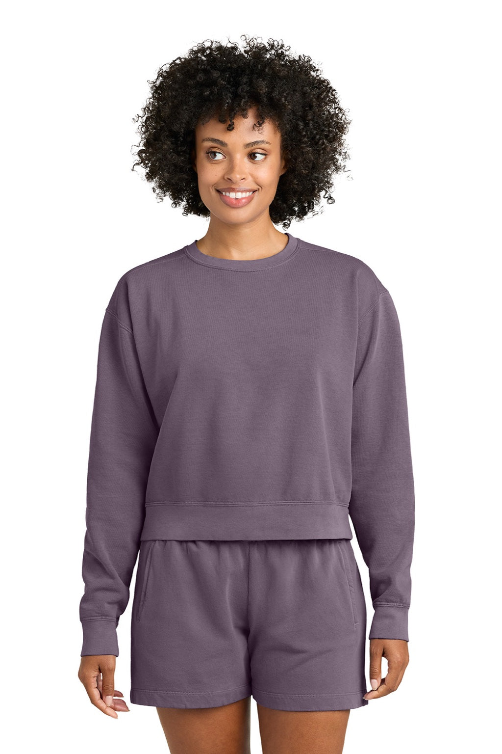 Comfort Colors 1566L Womens Crewneck Sweatshirt Dusk Purple Model Front
