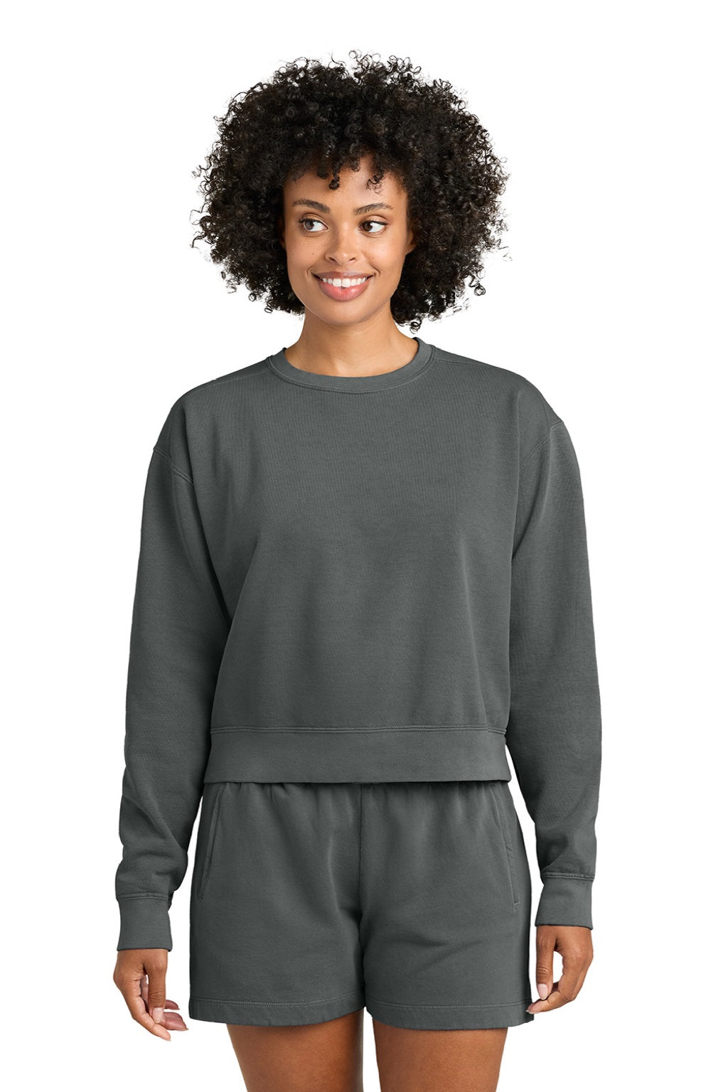 Comfort Colors 1566L Womens Crewneck Sweatshirt Pepper Grey Model Front