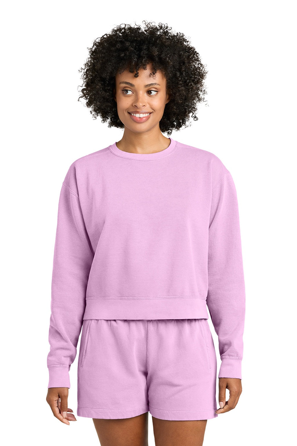 Comfort Colors 1566L Womens Crewneck Sweatshirt Rose Quartz Pink Model Front