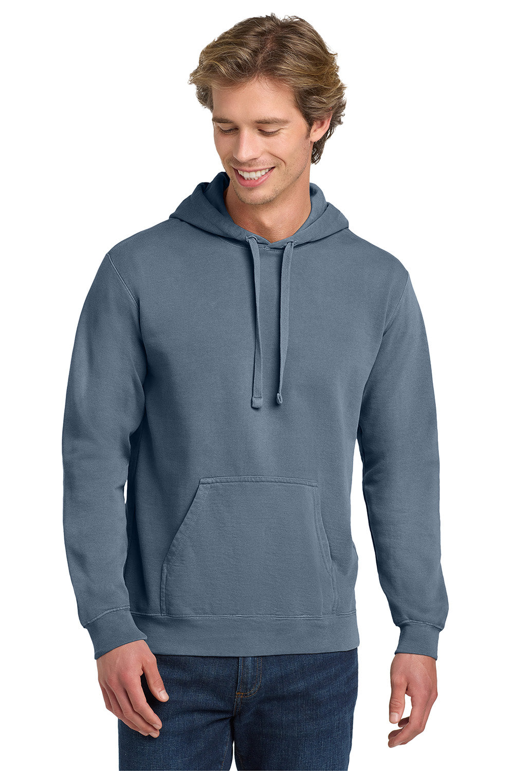 Comfort Colors 1567 Mens Hooded Sweatshirt Hoodie w/ Pouch Pocket Blue Jean Model Front