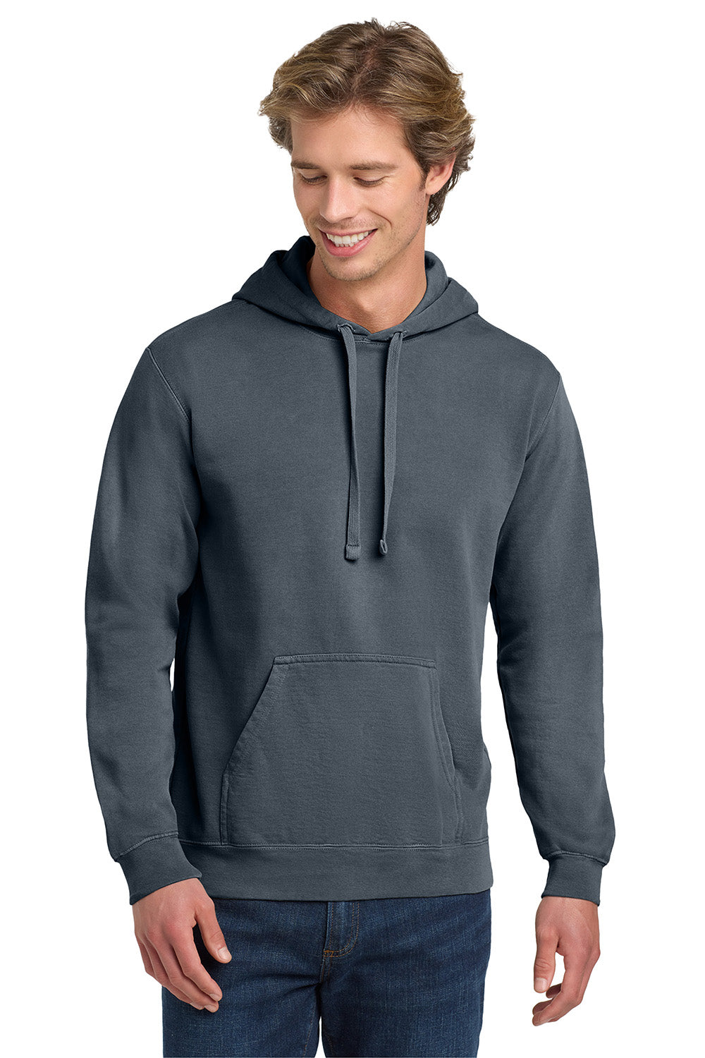 Comfort Colors 1567 Mens Hooded Sweatshirt Hoodie w/ Pouch Pocket Denim Blue Model Front
