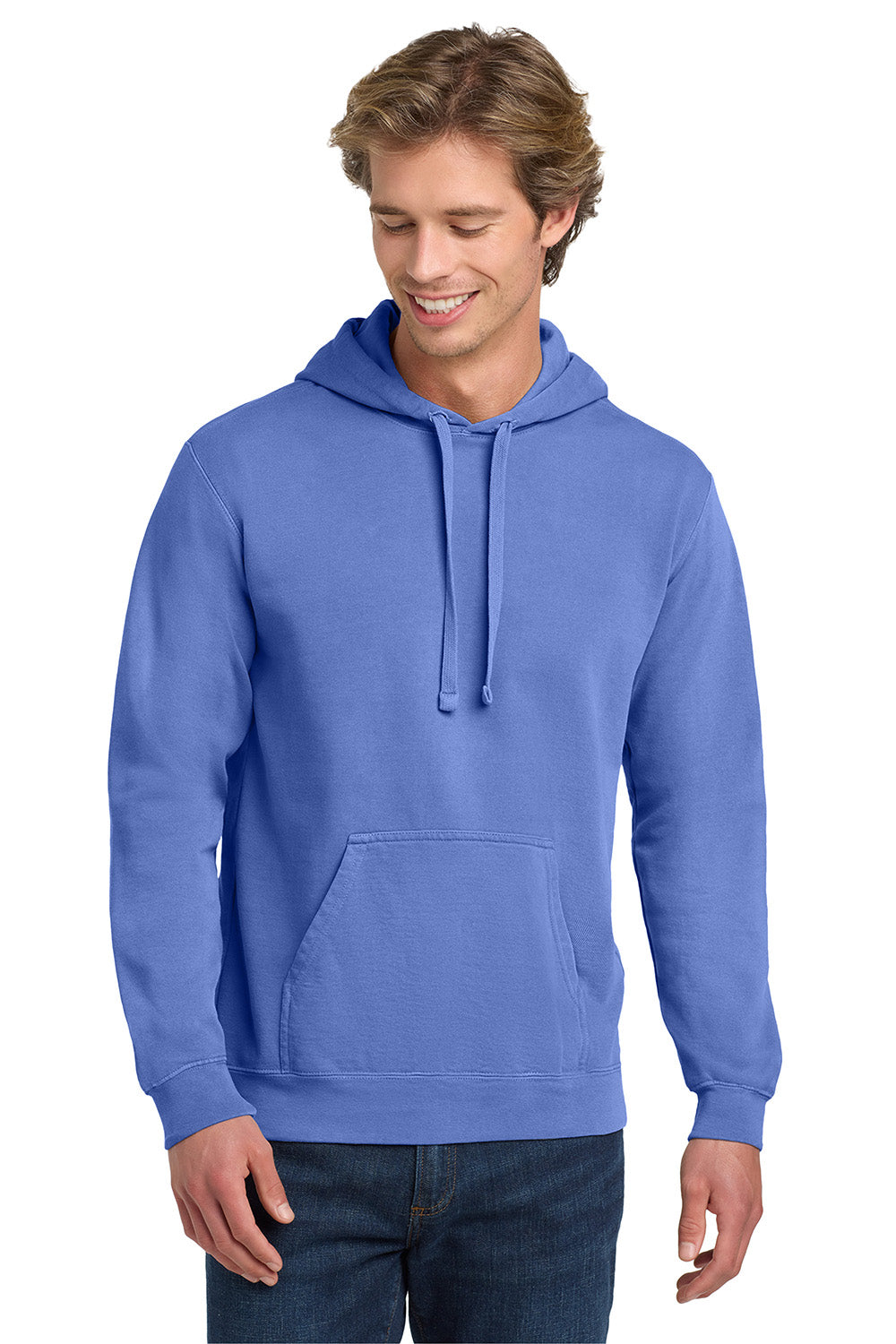 Comfort Colors 1567 Mens Hooded Sweatshirt Hoodie w/ Pouch Pocket Flo Blue Model Front