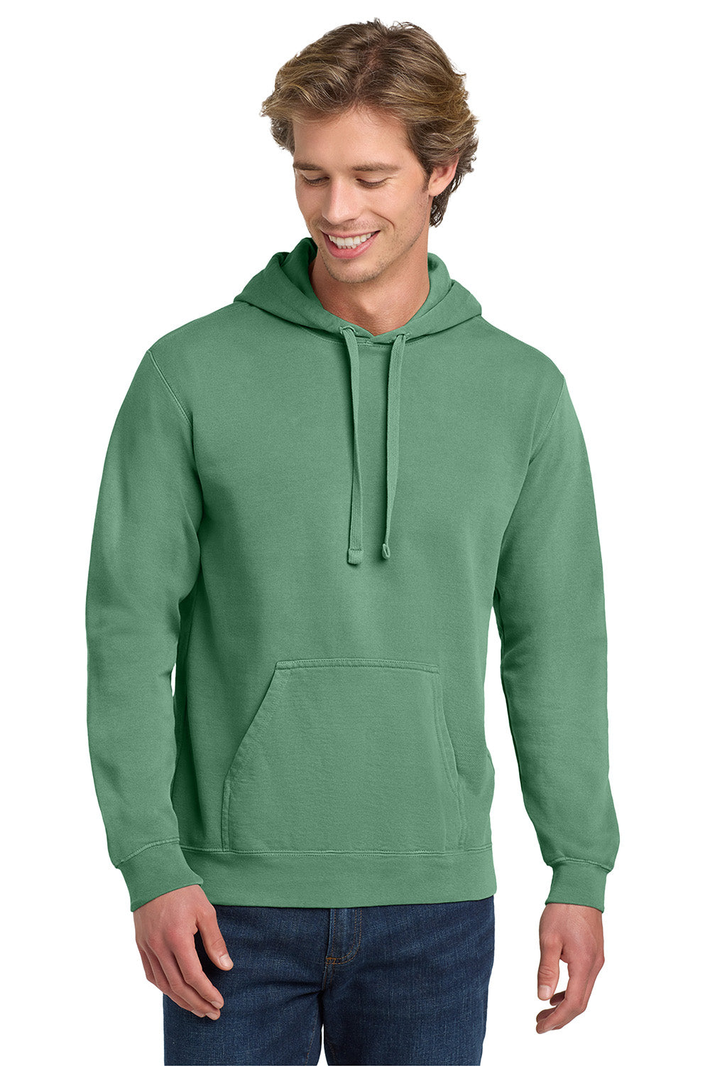 Comfort Colors 1567 Mens Hooded Sweatshirt Hoodie w/ Pouch Pocket Light Green Model Front